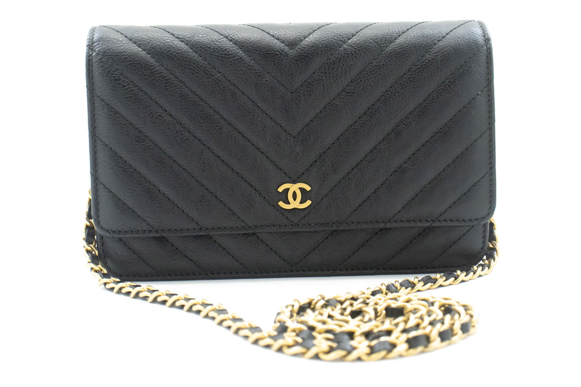 CHANEL V-Stitch Calfskin Wallet On Chain WOC Chain Shoulder Bag ab2 hannari-shop