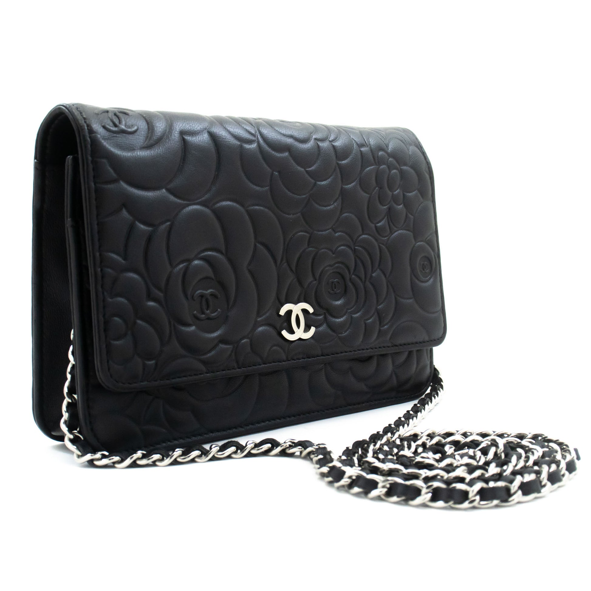CHANEL Black Camellia Embossed Wallet On Chain WOC Shoulder Bag ab6 hannari-shop