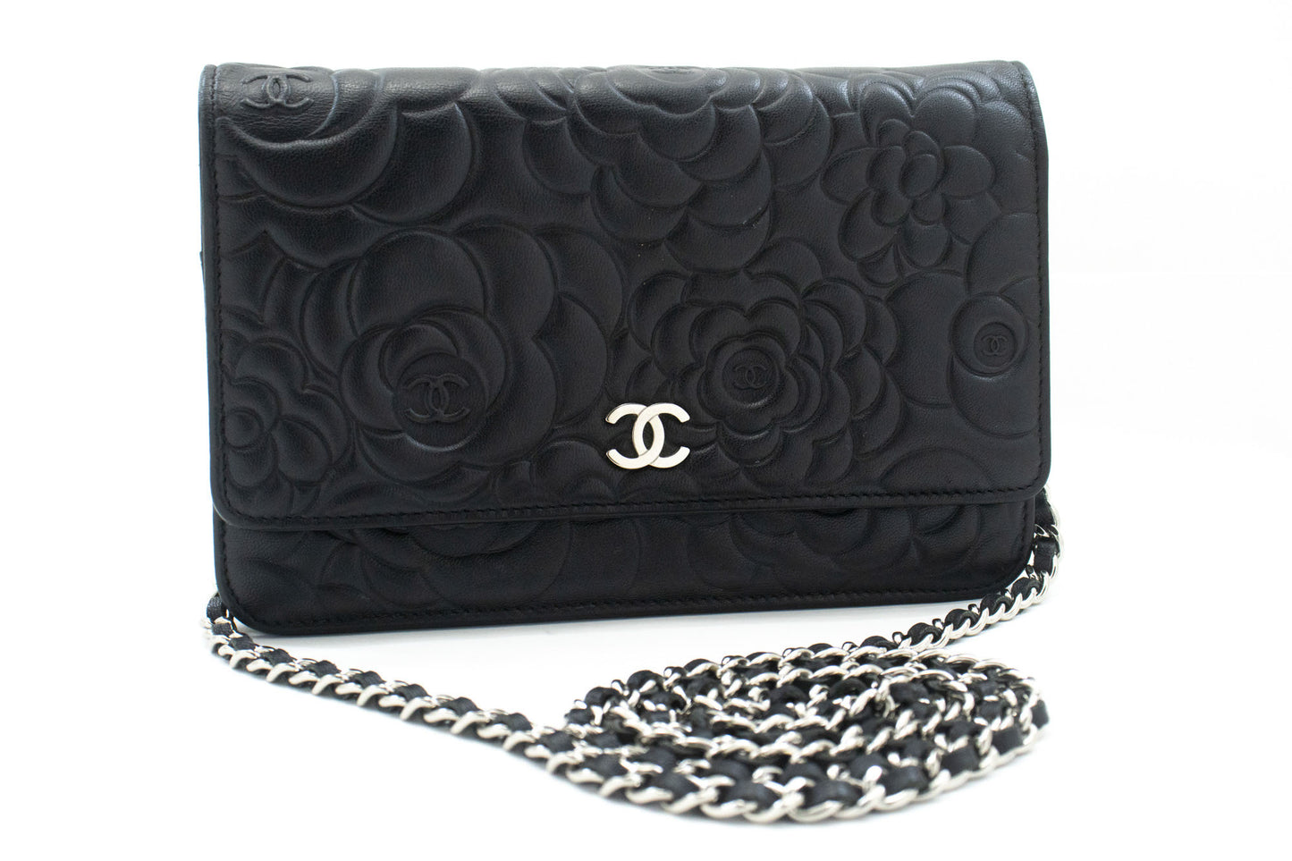 CHANEL Black Camellia Embossed Wallet On Chain WOC Shoulder Bag ab6 hannari-shop