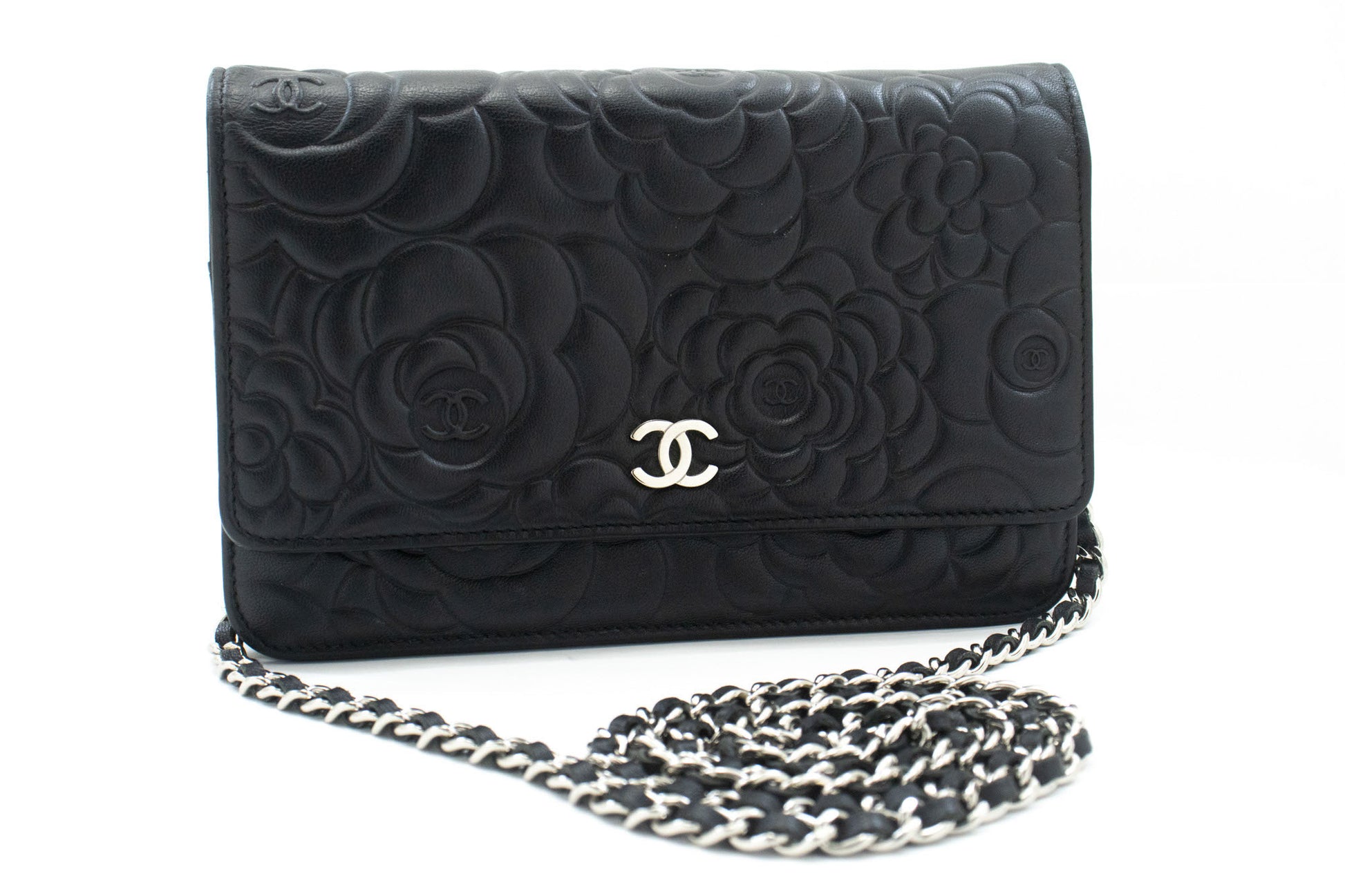 CHANEL Black Camellia Embossed Wallet On Chain WOC Shoulder Bag ab6 hannari-shop