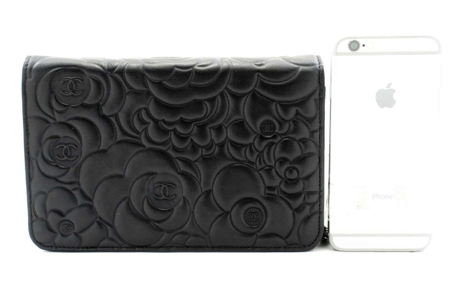 CHANEL Black Camellia Embossed Wallet On Chain WOC Shoulder Bag ab6 hannari-shop