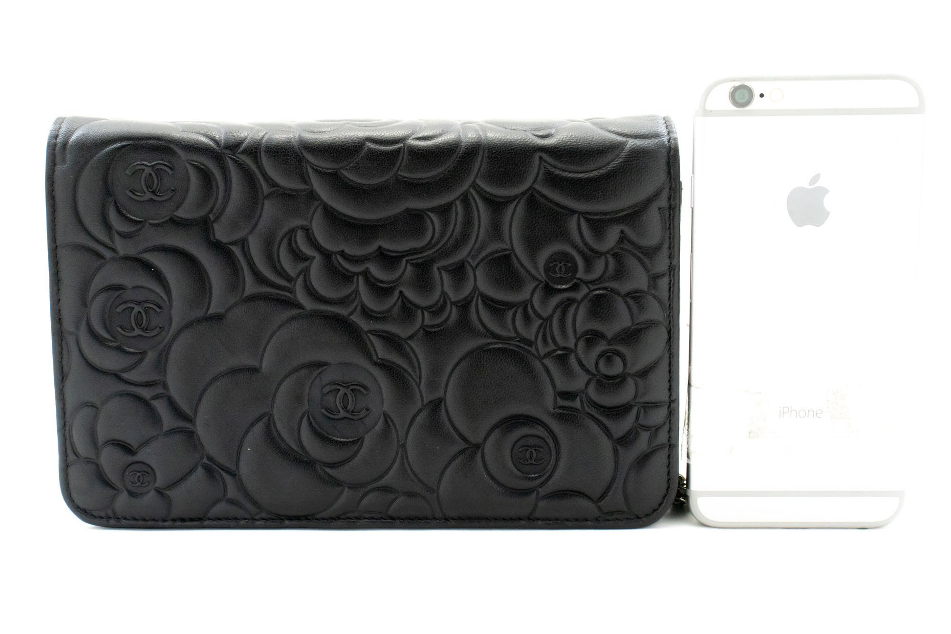 CHANEL Black Camellia Embossed Wallet On Chain WOC Shoulder Bag ab6 hannari-shop