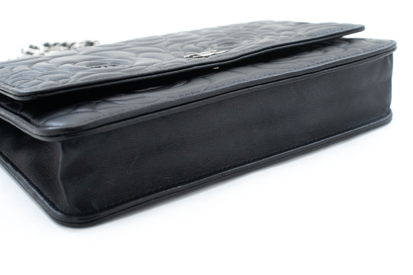 CHANEL Black Camellia Embossed Wallet On Chain WOC Shoulder Bag ab6 hannari-shop