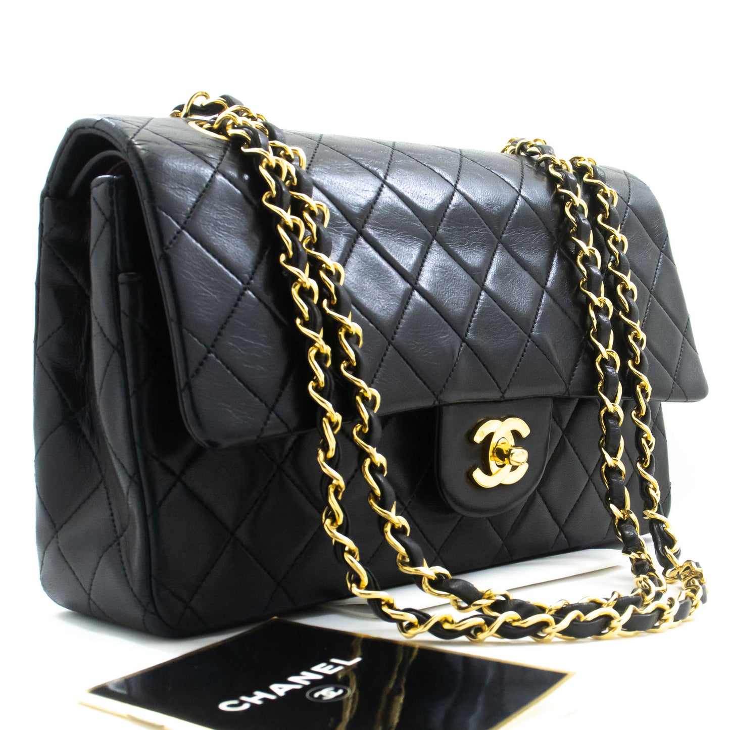 CHANEL Classic Double Flap 10" Chain Shoulder Bag Black Lambskin ad8 hannari-shop