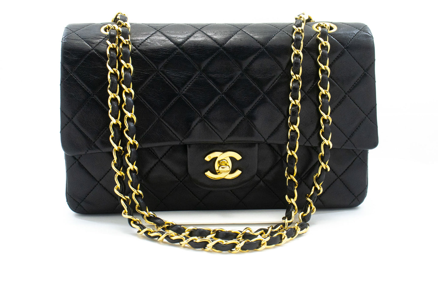 CHANEL Classic Double Flap 10" Chain Shoulder Bag Black Lambskin ad8 hannari-shop
