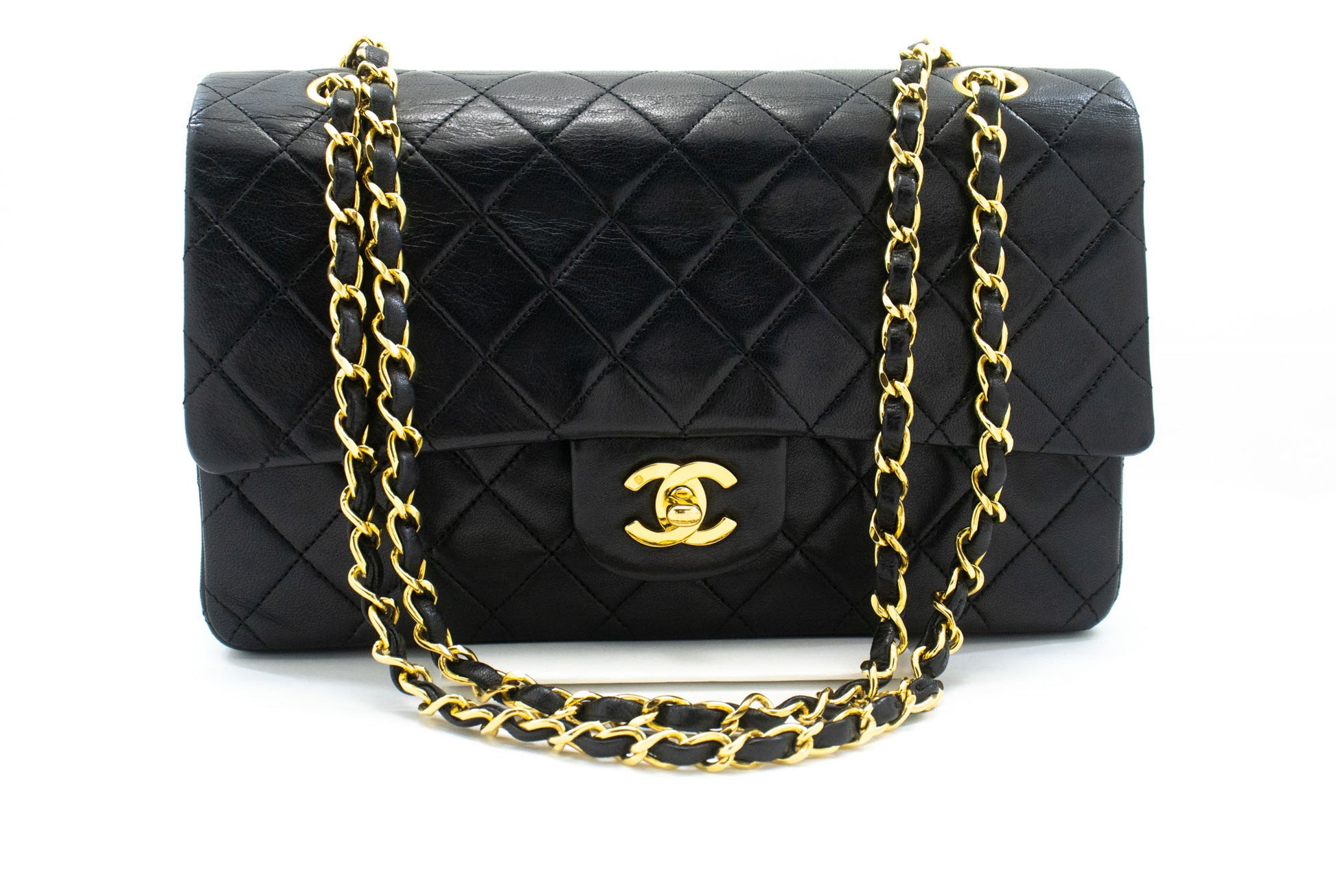 CHANEL Classic Double Flap 10" Chain Shoulder Bag Black Lambskin ad8 hannari-shop