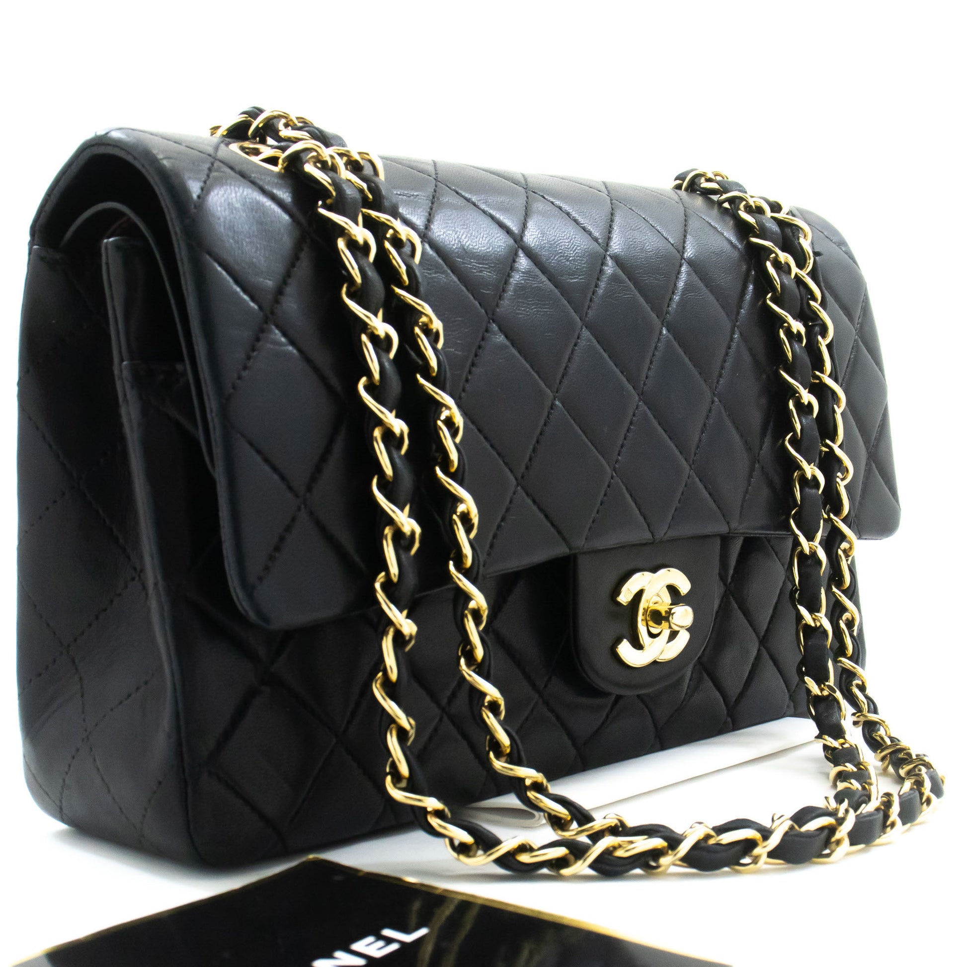 CHANEL Classic Double Flap 10" Chain Shoulder Bag Black Lambskin ac9 hannari-shop