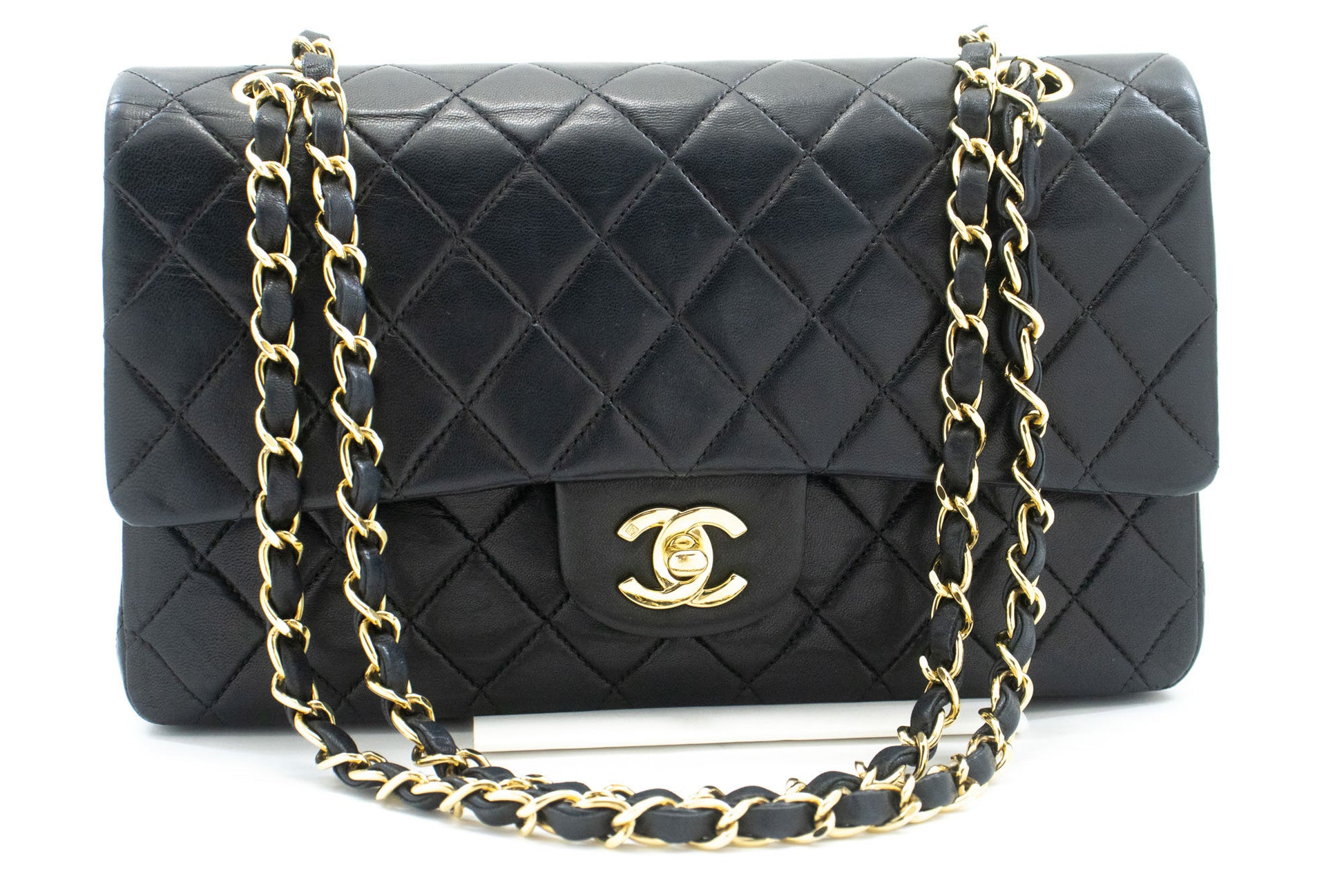 CHANEL Classic Double Flap 10" Chain Shoulder Bag Black Lambskin ac9 hannari-shop