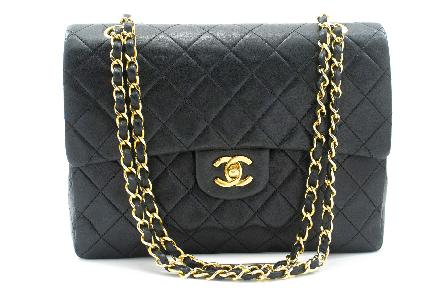 CHANEL Classic Double Flap Square Chain Shoulder Bag Black Lamb ad1 hannari-shop