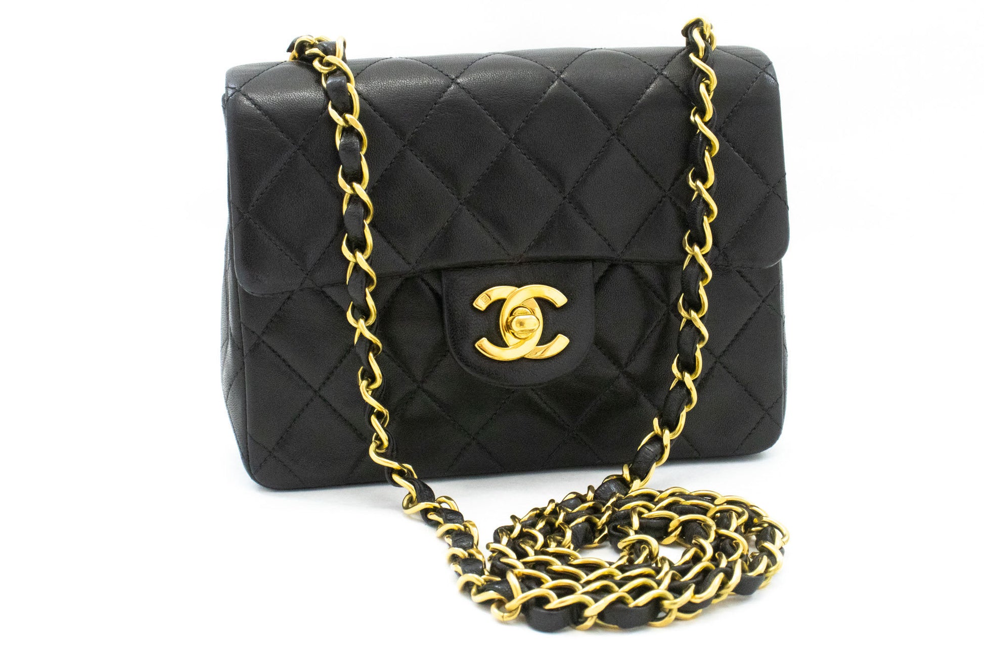 CHANEL Mini Square Small Chain Shoulder Bag Crossbody Black Lamb af1 hannari-shop