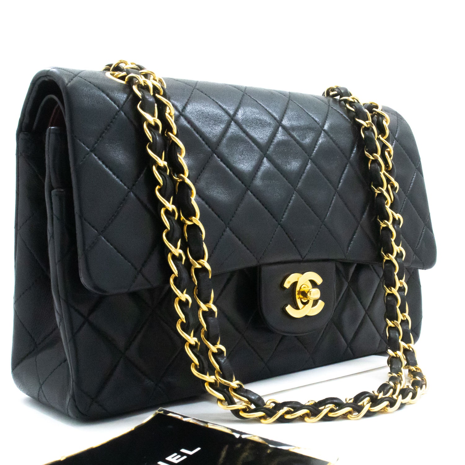 CHANEL Classic Double Flap 10" Chain Shoulder Bag Black Lambskin ag1 hannari-shop