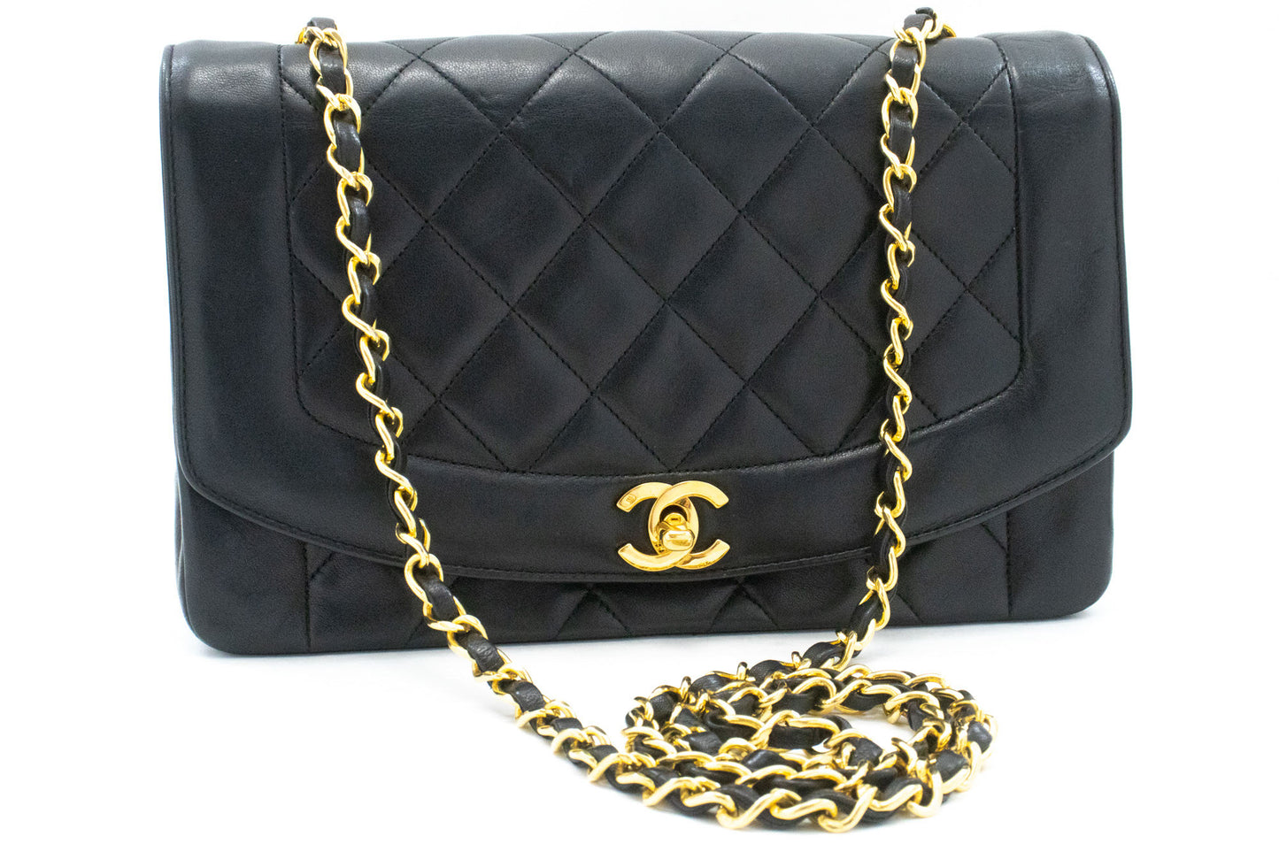 CHANEL Diana Flap Chain Shoulder Bag Black Quilted Lambskin Purse ah1 hannari-shop