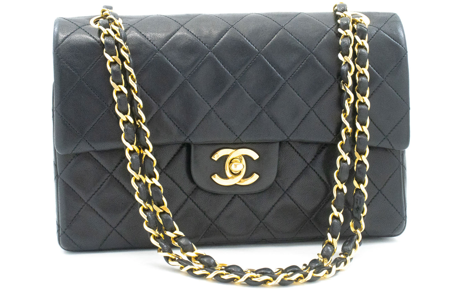 CHANEL Classic Double Flap 9" Chain Shoulder Bag Black Lambskin p46 hannari-shop