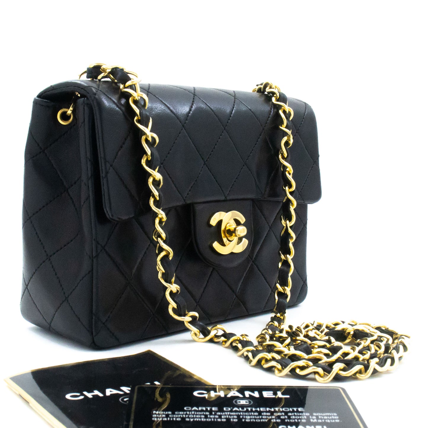 CHANEL Mini Square Small Chain Shoulder Bag Crossbody Black Lamb ag7 hannari-shop