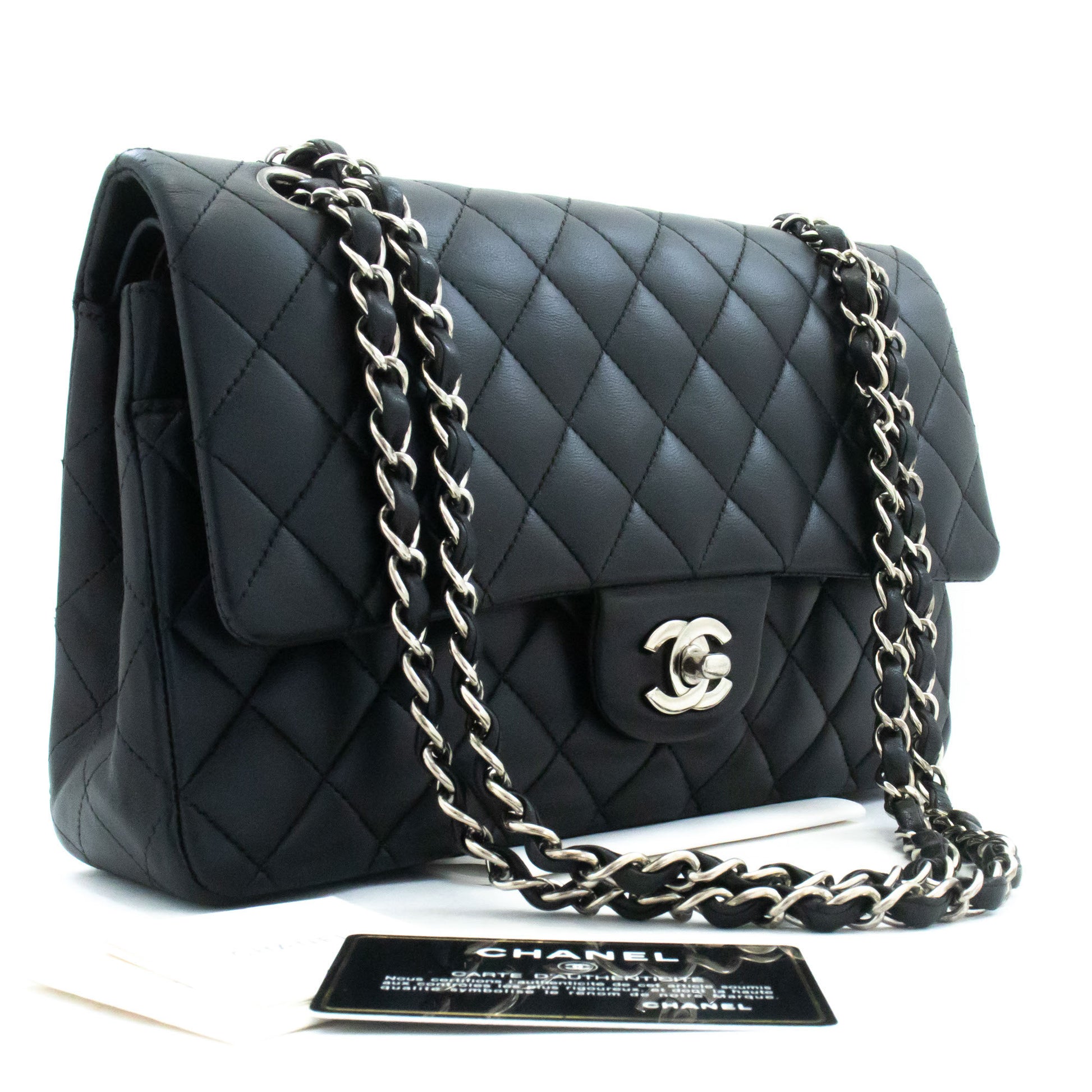 CHANEL Classic Double Flap 10" Silver Chain Shoulder Bag Black ai1 hannari-shop