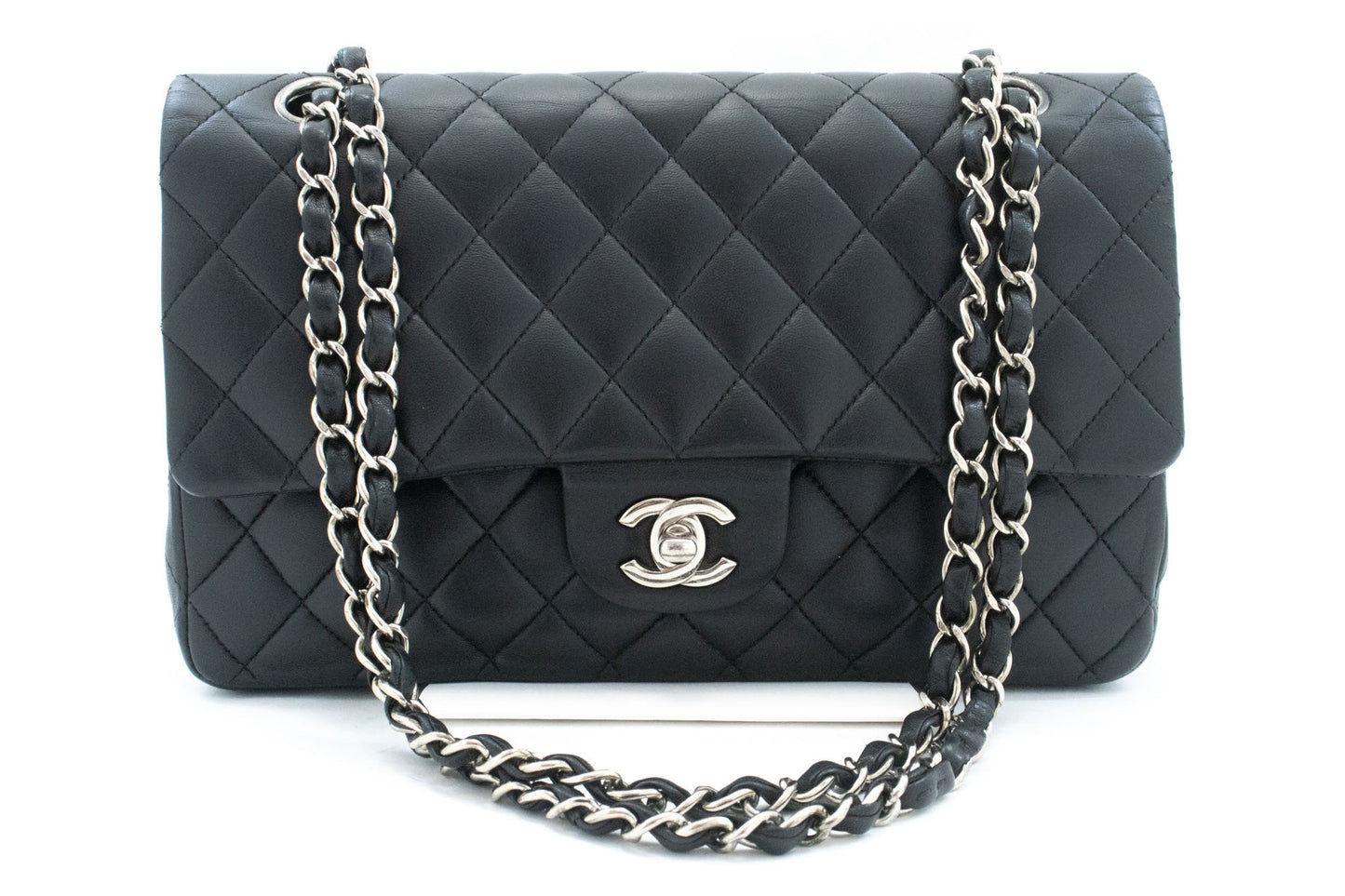 CHANEL Classic Double Flap 10" Silver Chain Shoulder Bag Black ai1 hannari-shop