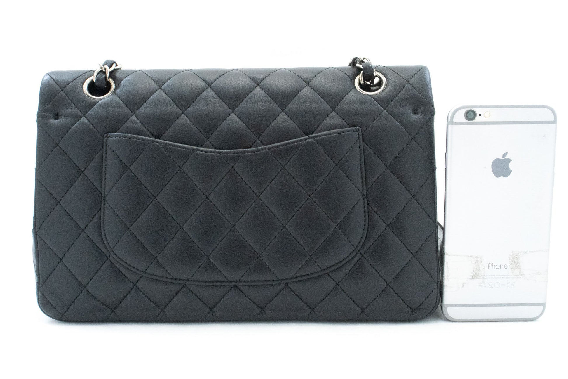 CHANEL Classic Double Flap 10" Silver Chain Shoulder Bag Black ai1 hannari-shop