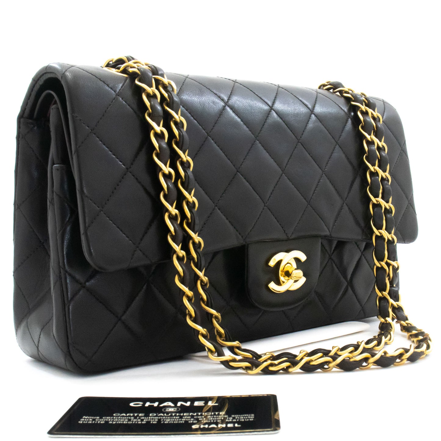 CHANEL Classic Double Flap 10" Chain Shoulder Bag Black Lambskin ak4 hannari-shop