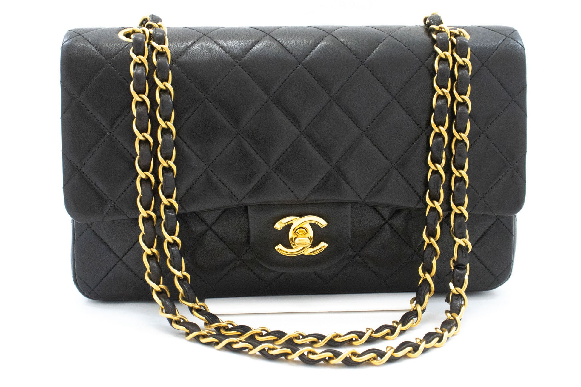 CHANEL Classic Double Flap 10" Chain Shoulder Bag Black Lambskin ak4 hannari-shop