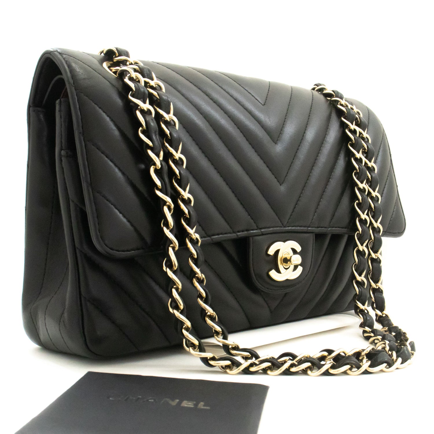 CHANEL V-Stitch Double Flap 10" Chain Shoulder Bag Black Lambskin ai5 hannari-shop