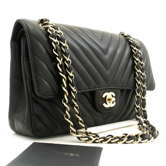 CHANEL V-Stitch Double Flap 10" Chain Shoulder Bag Black Lambskin ai5 hannari-shop