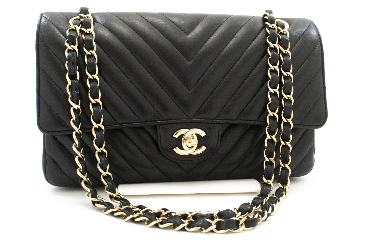 CHANEL V-Stitch Double Flap 10" Chain Shoulder Bag Black Lambskin ai5 hannari-shop