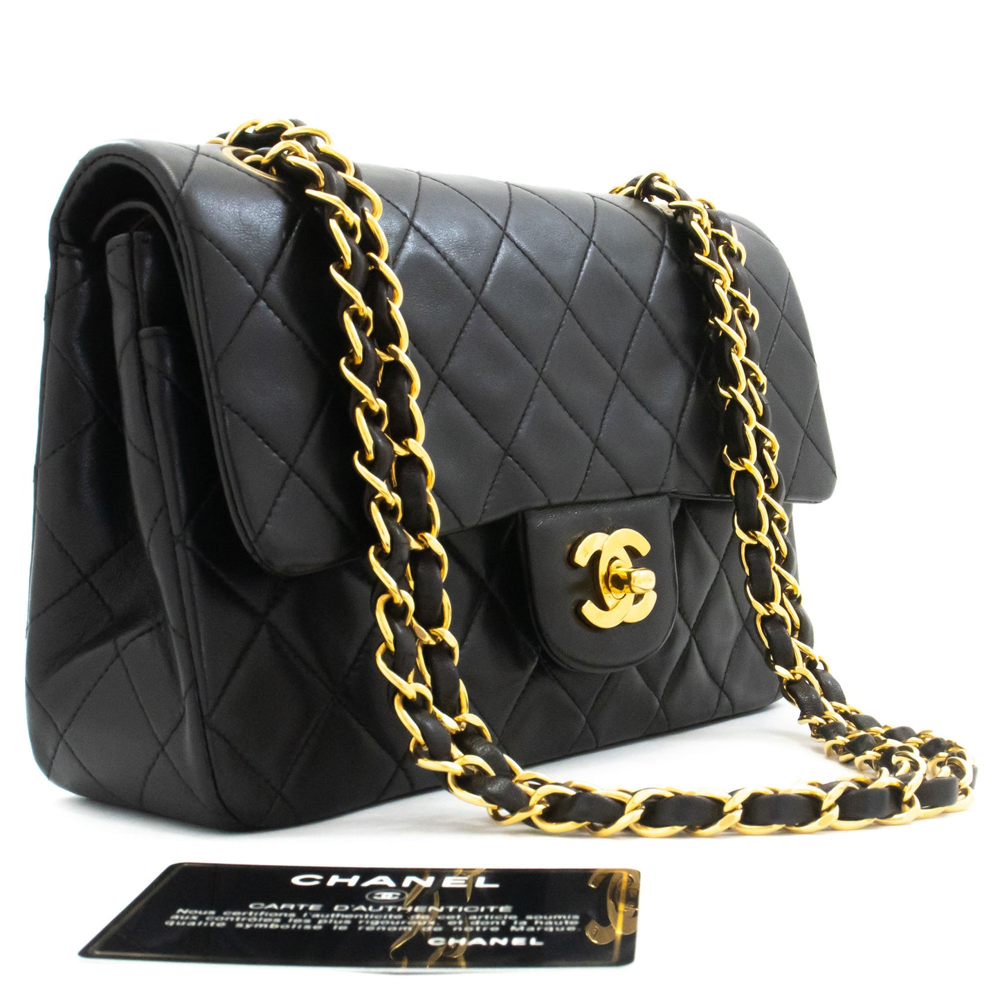 CHANEL Classic Double Flap 9" Chain Shoulder Bag Black Lambskin ah3 hannari-shop