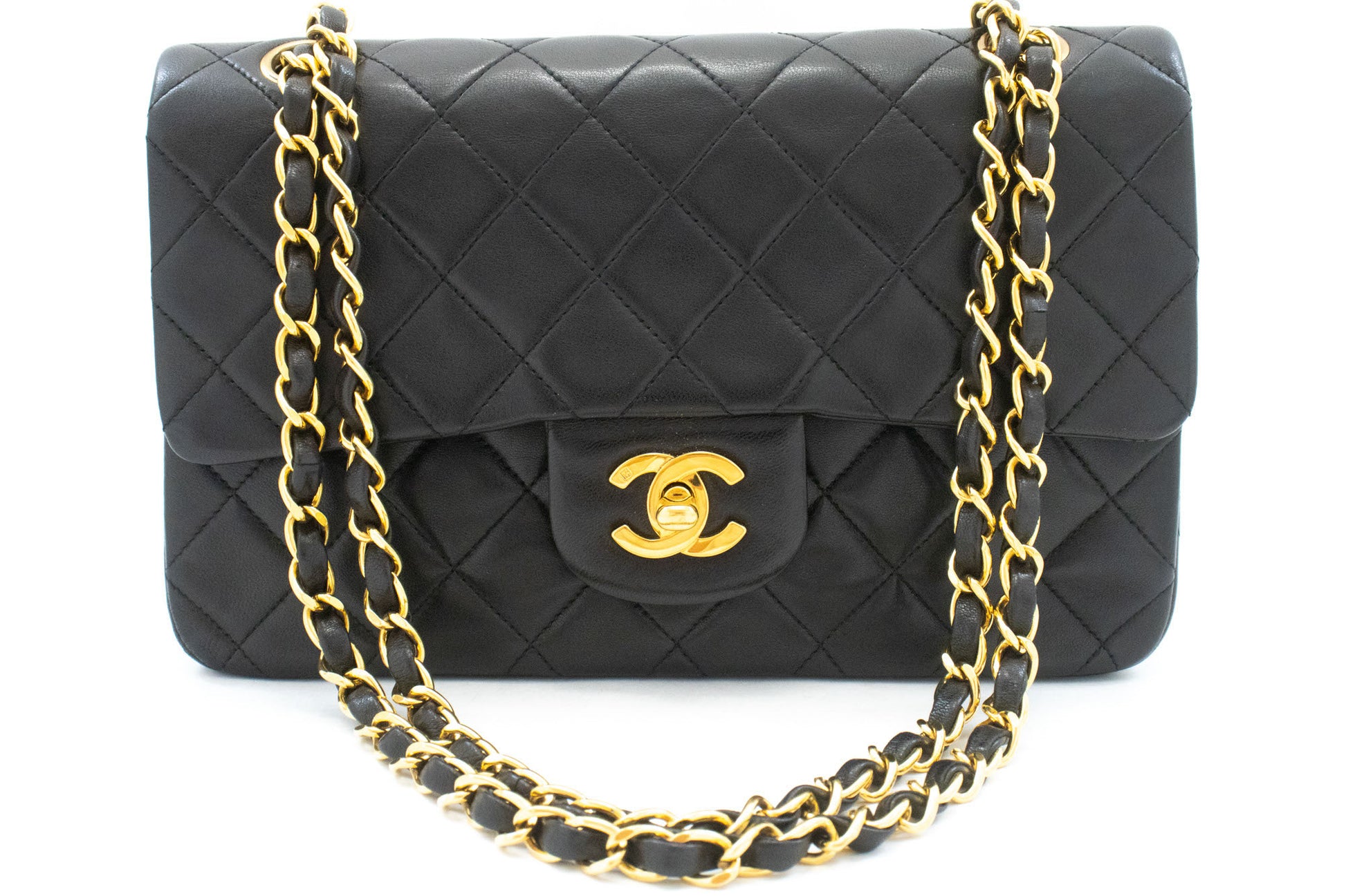 CHANEL Classic Double Flap 9" Chain Shoulder Bag Black Lambskin ah3 hannari-shop