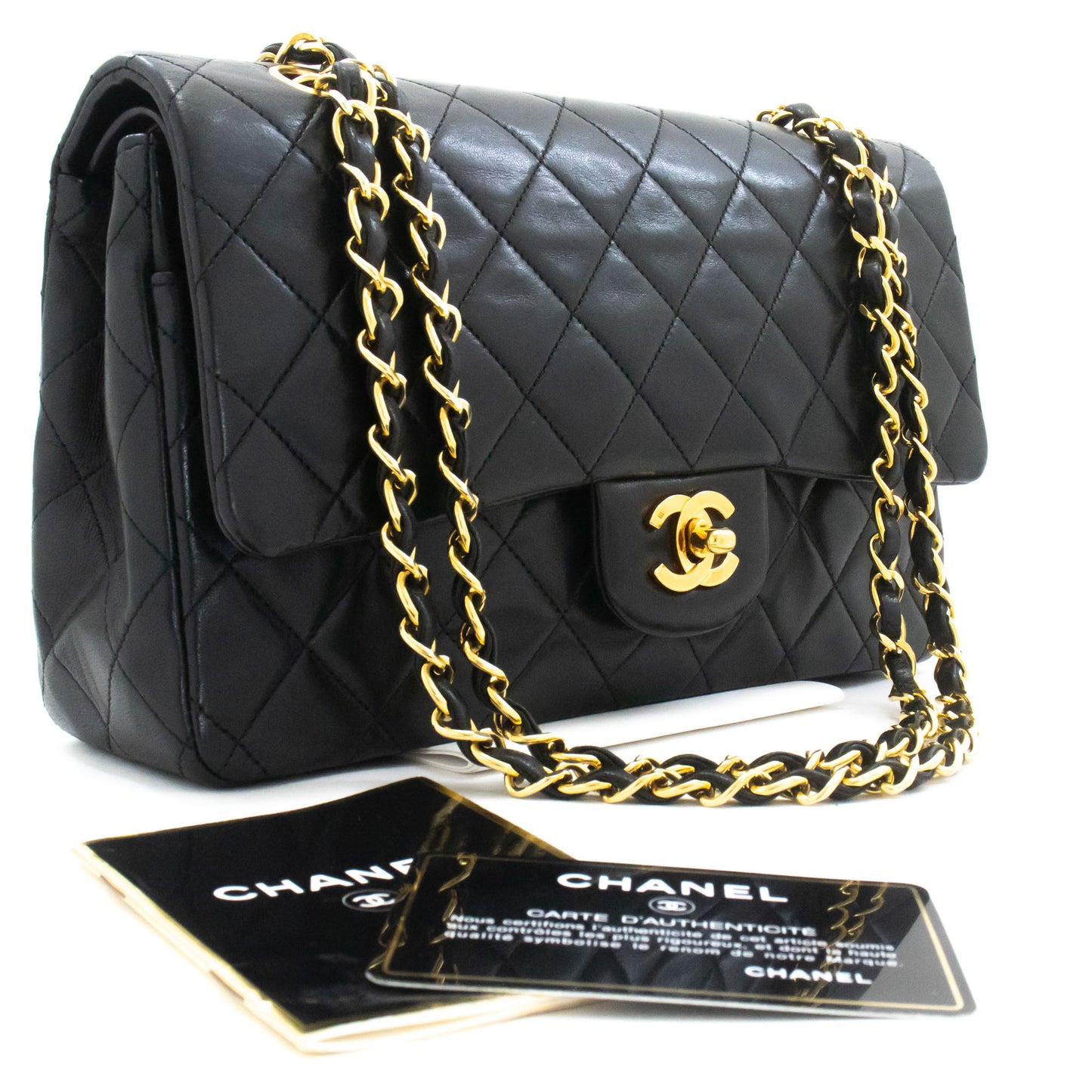 CHANEL Classic Double Flap 10" Chain Shoulder Bag Black Lambskin ah7 hannari-shop