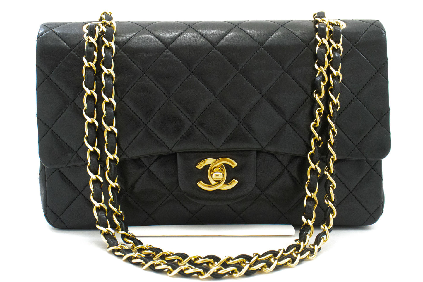 CHANEL Classic Double Flap 10" Chain Shoulder Bag Black Lambskin ah7 hannari-shop