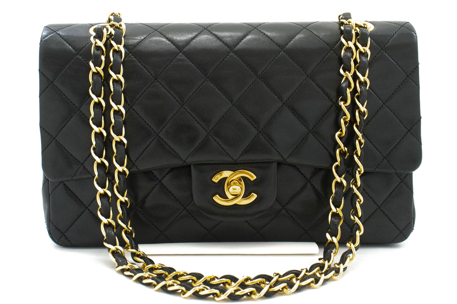 CHANEL Classic Double Flap 10" Chain Shoulder Bag Black Lambskin ah7 hannari-shop