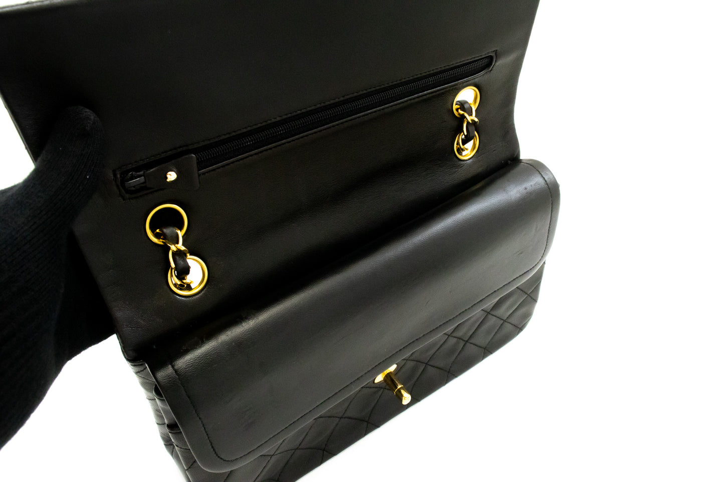 CHANEL Classic Double Flap 10" Chain Shoulder Bag Black Lambskin am1 hannari-shop