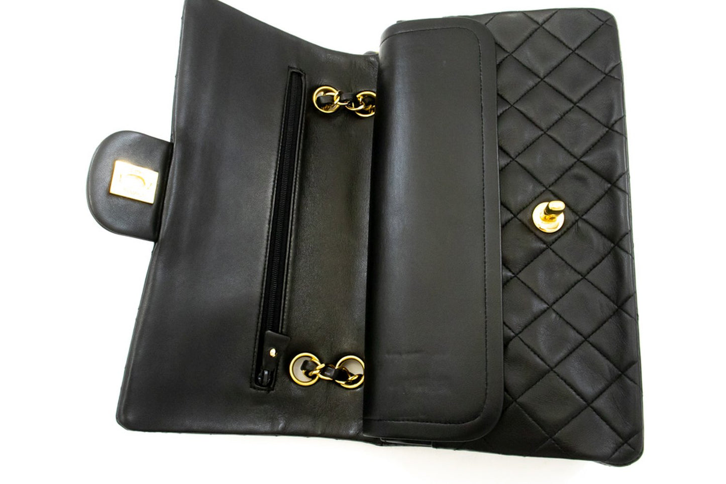 CHANEL Classic Double Flap 10" Chain Shoulder Bag Black Lambskin am1 hannari-shop