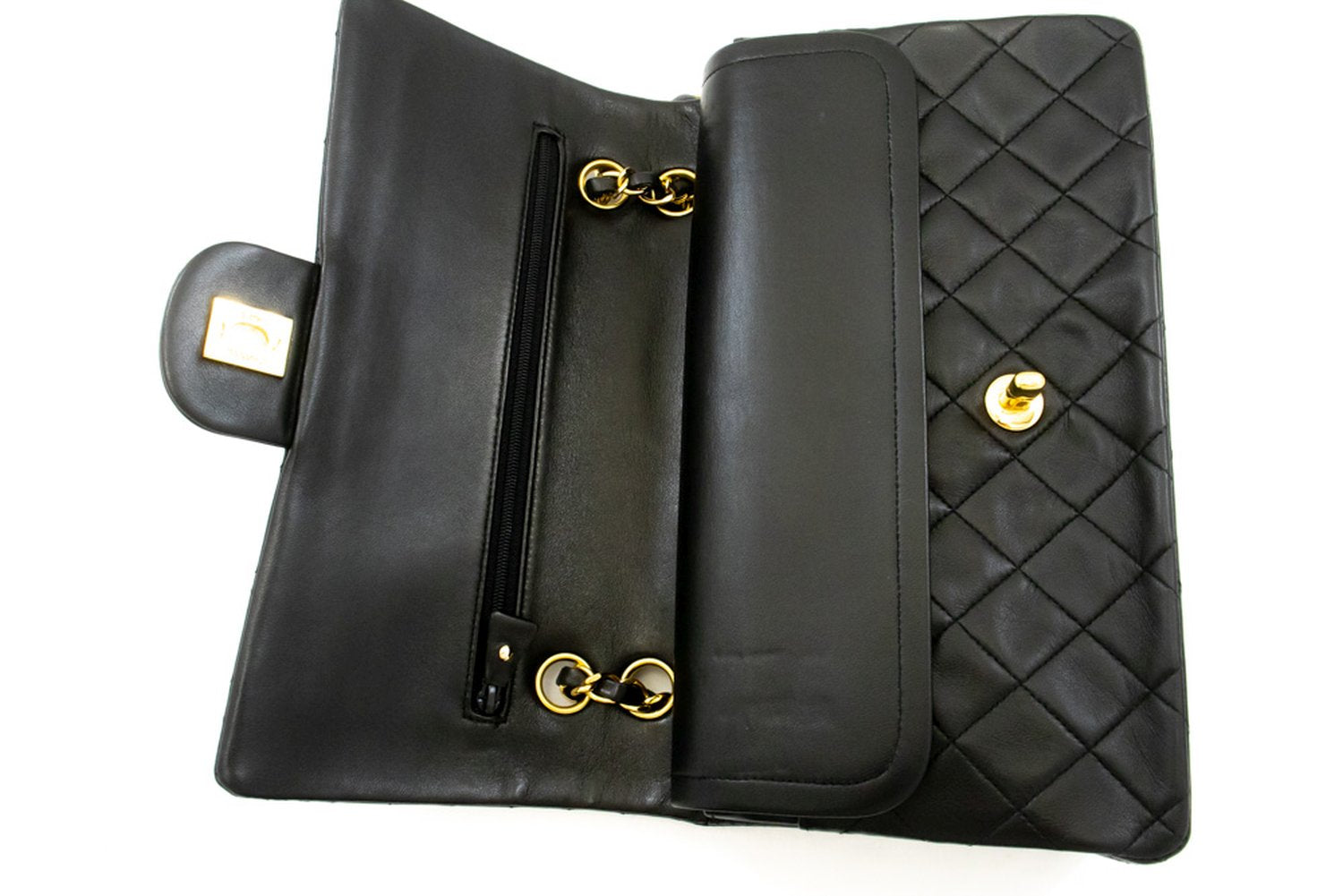 CHANEL Classic Double Flap 10" Chain Shoulder Bag Black Lambskin am1 hannari-shop
