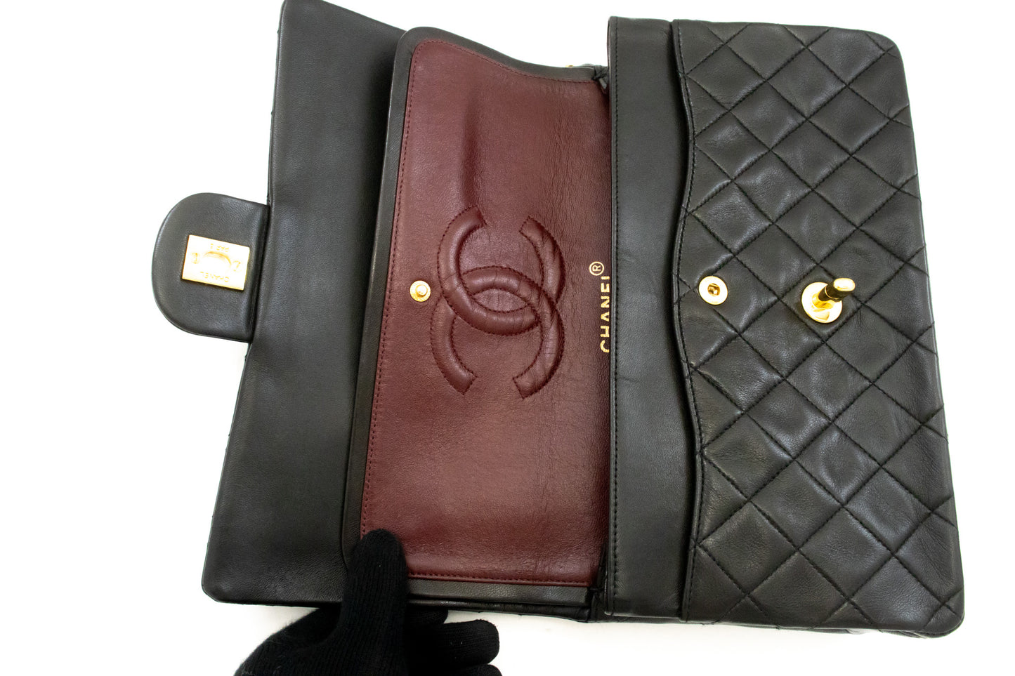 CHANEL Classic Double Flap 10" Chain Shoulder Bag Black Lambskin am1 hannari-shop