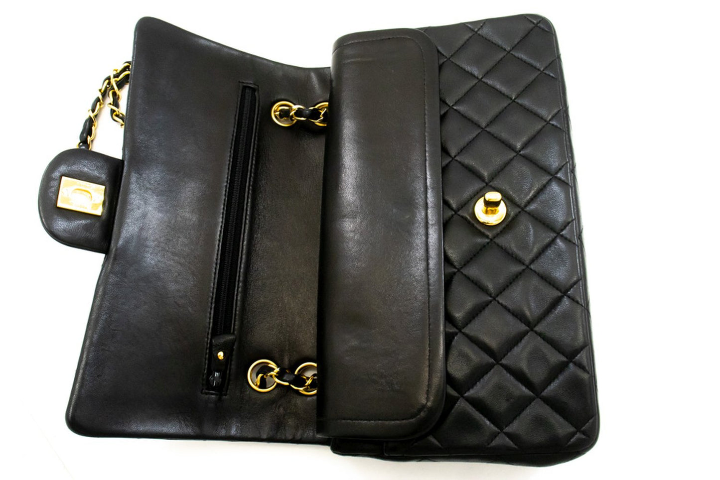 CHANEL Classic Double Flap 10" Chain Shoulder Bag Black Lambskin am3 hannari-shop