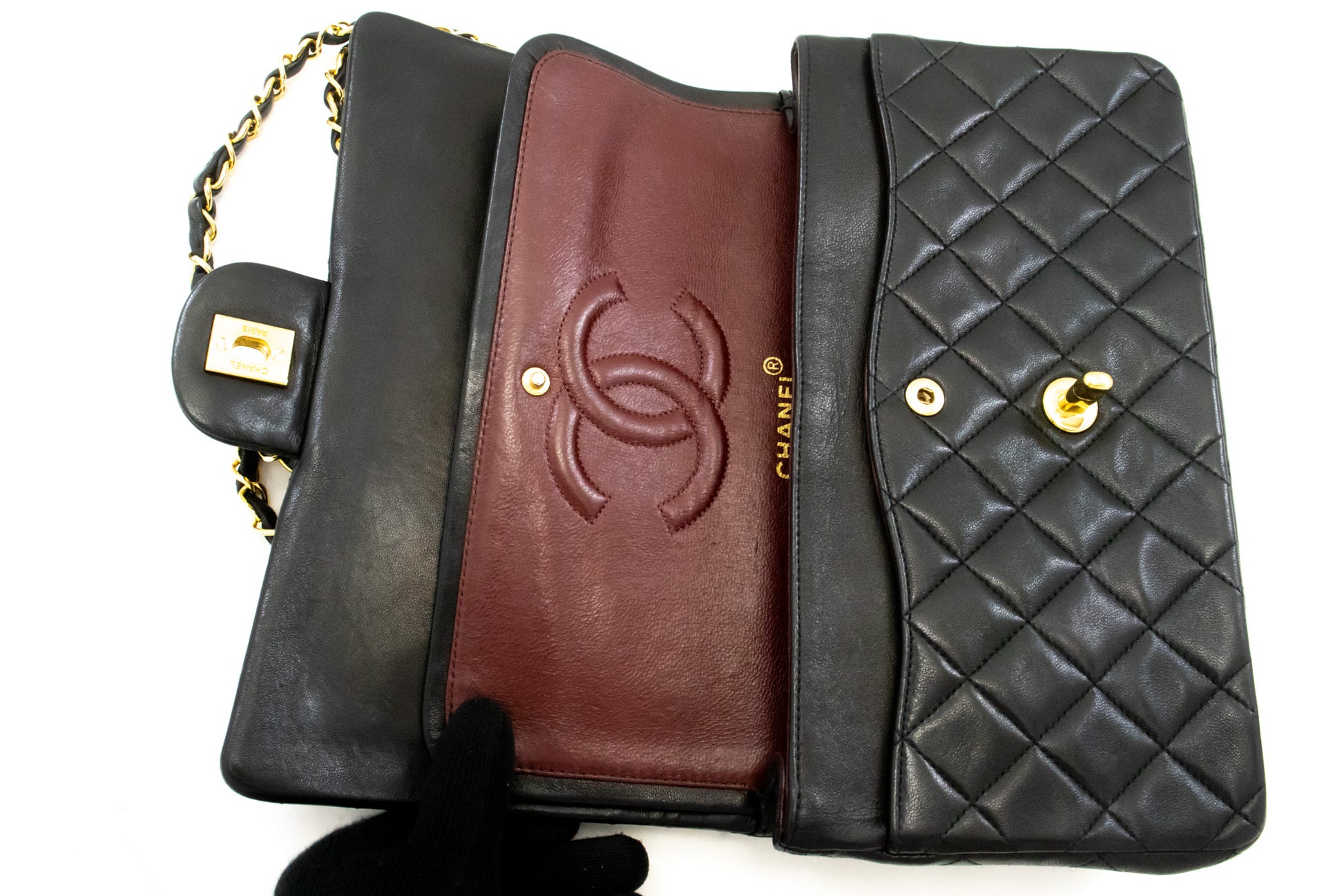 CHANEL Classic Double Flap 10" Chain Shoulder Bag Black Lambskin am3 hannari-shop