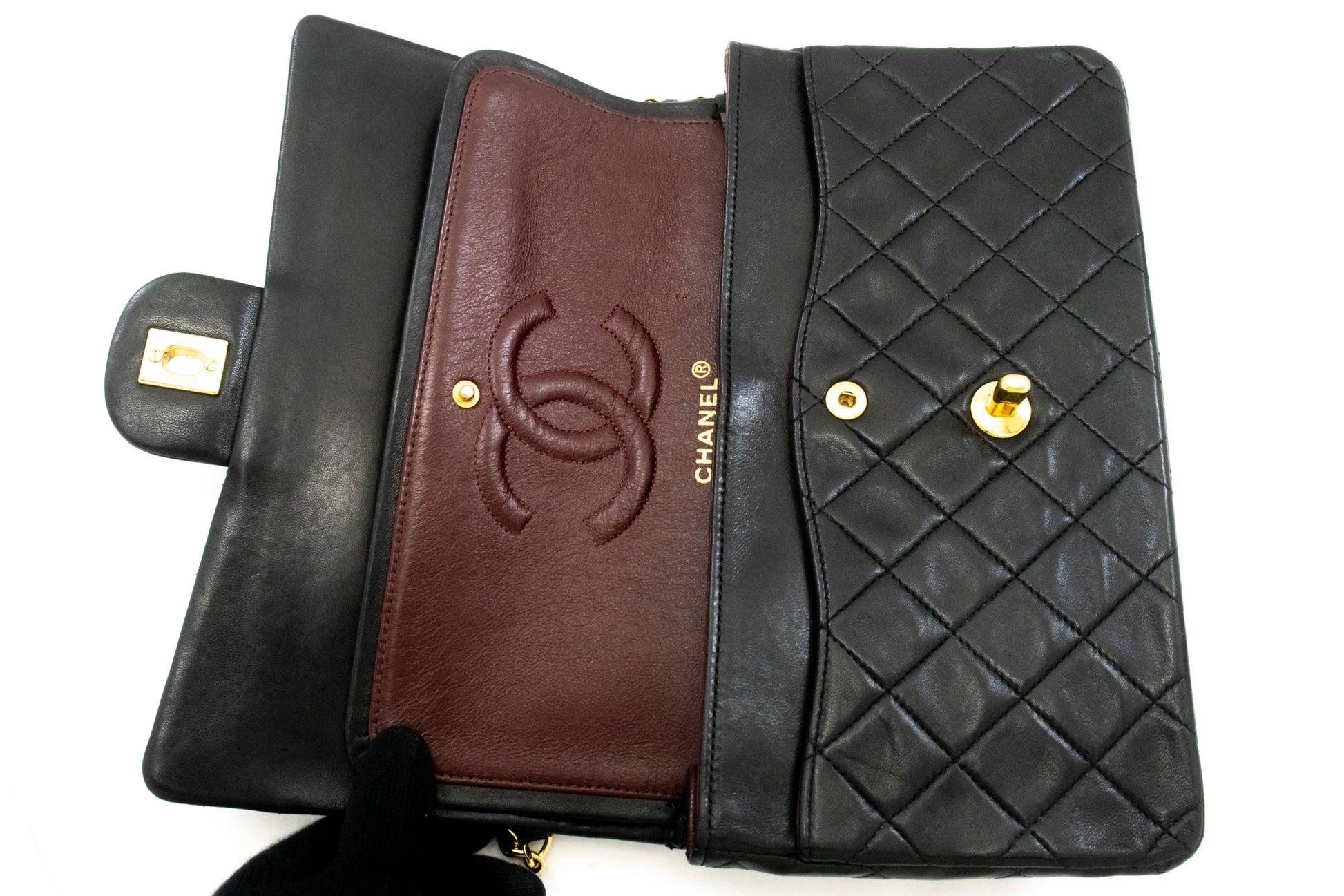CHANEL Classic Double Flap 10" Chain Shoulder Bag Black Lambskin am2 hannari-shop