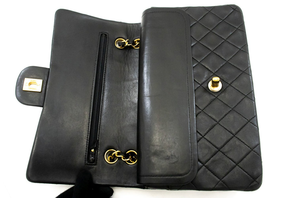 CHANEL Classic Double Flap 10" Chain Shoulder Bag Black Lambskin ak8 hannari-shop