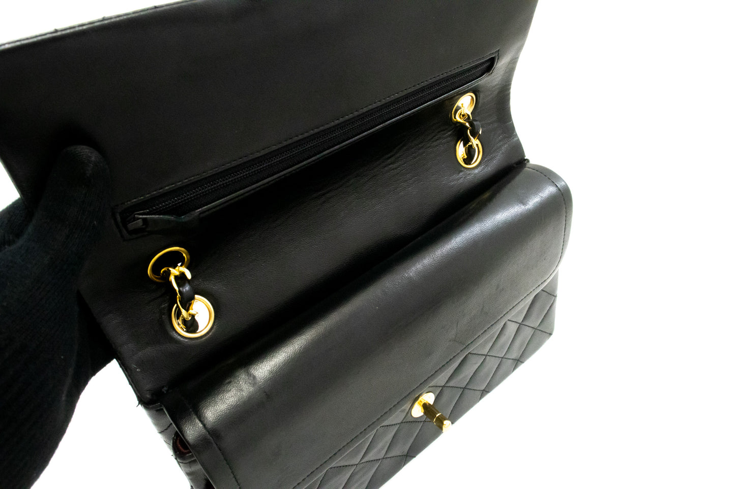 CHANEL Classic Double Flap 10" Chain Shoulder Bag Black Lambskin ak9 hannari-shop