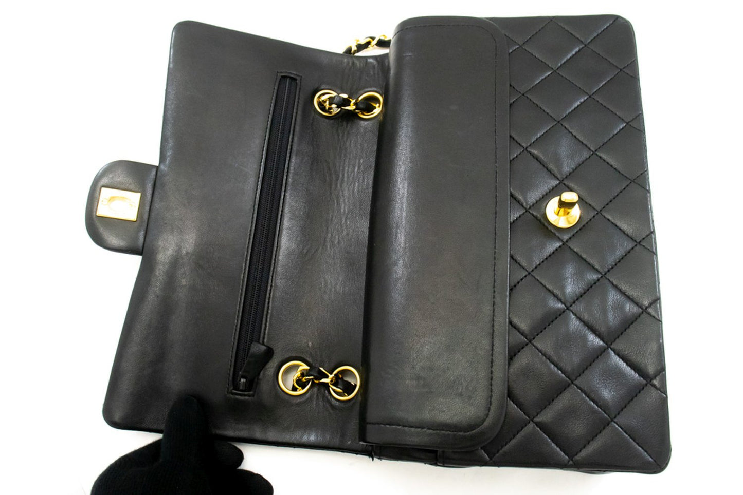 CHANEL Classic Double Flap 10" Chain Shoulder Bag Black Lambskin ak9 hannari-shop