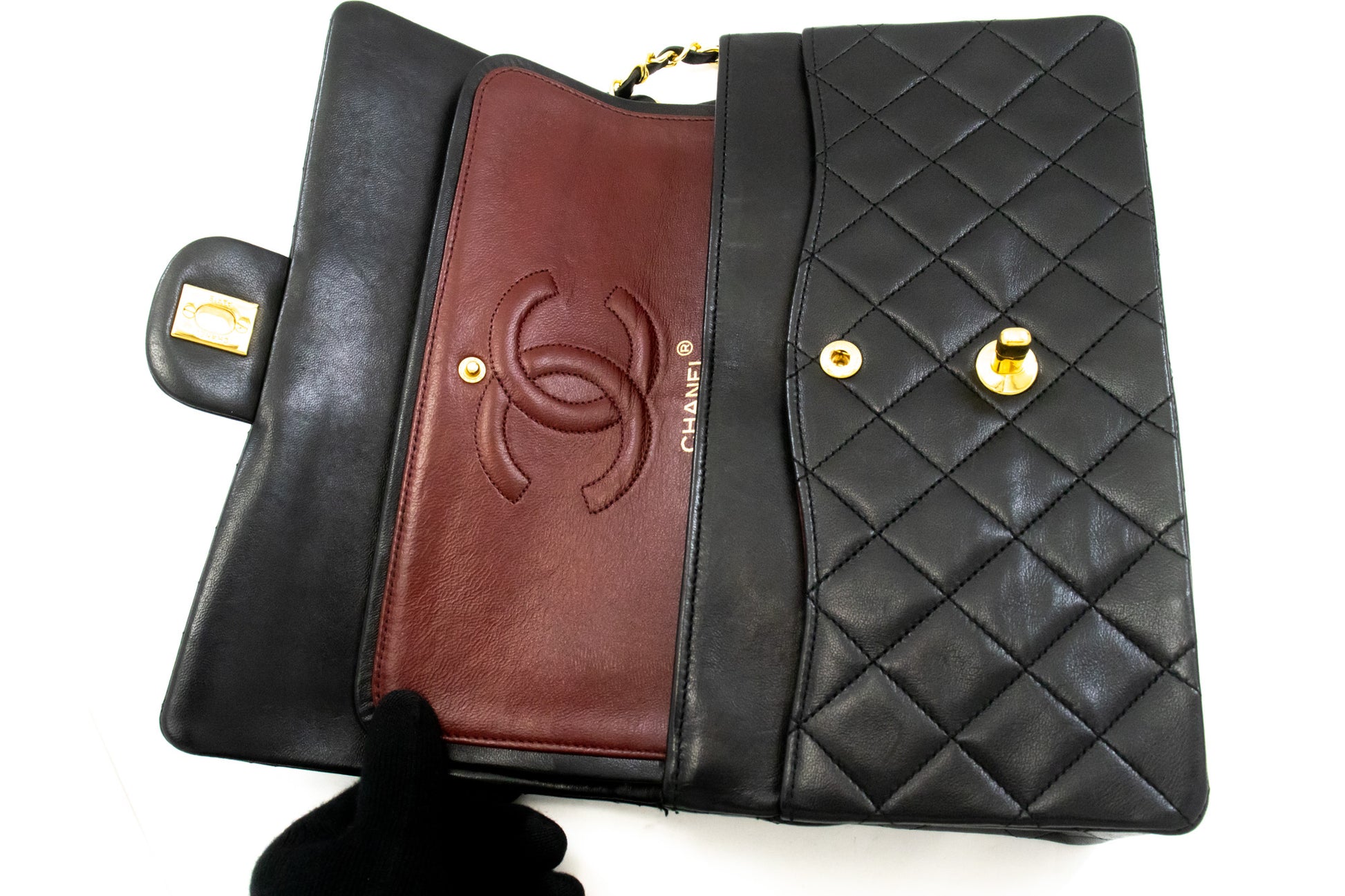 CHANEL Classic Double Flap 10" Chain Shoulder Bag Black Lambskin ak9 hannari-shop