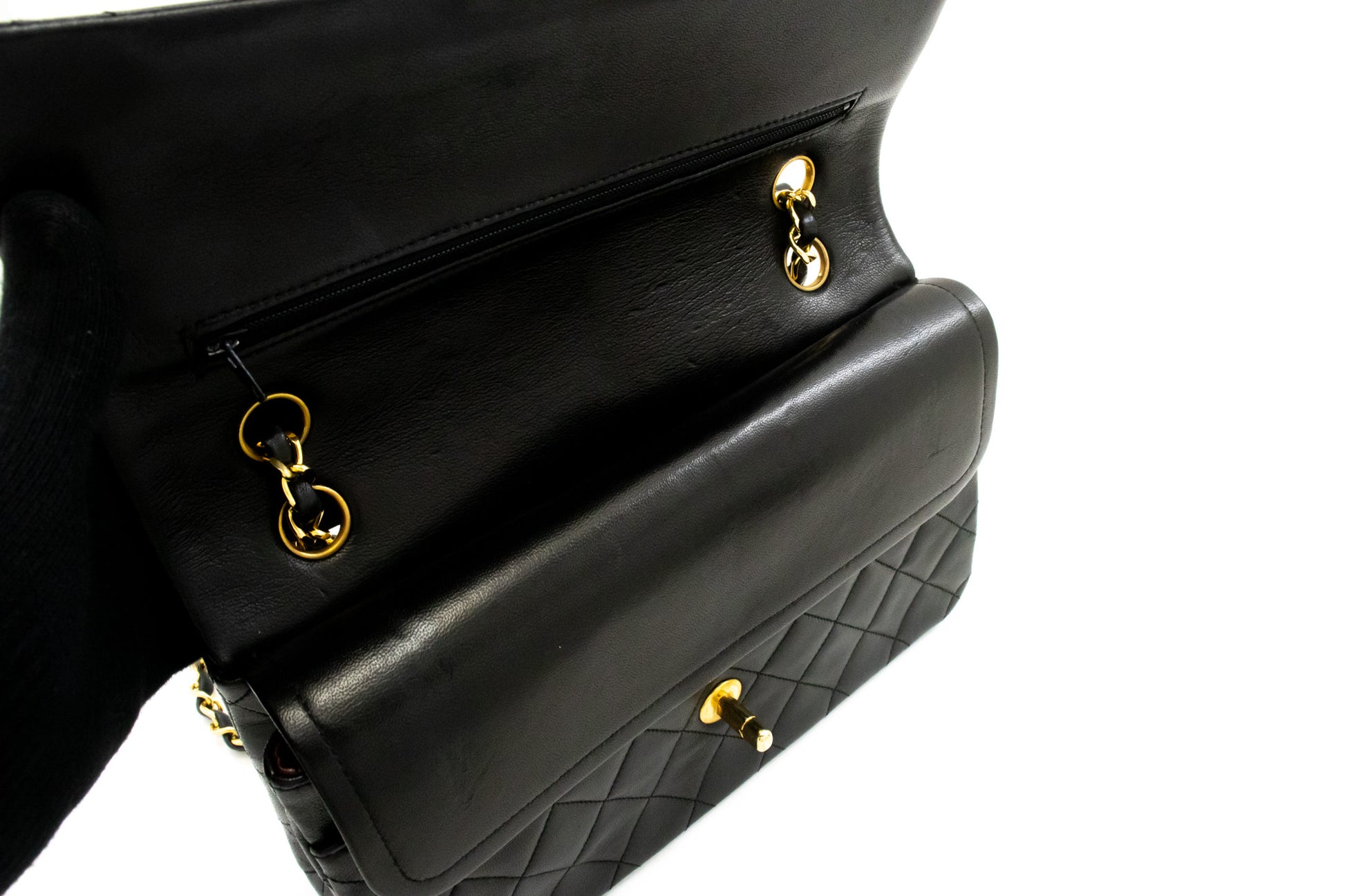 CHANEL Classic Double Flap 10" Chain Shoulder Bag Black Lambskin ak7 hannari-shop