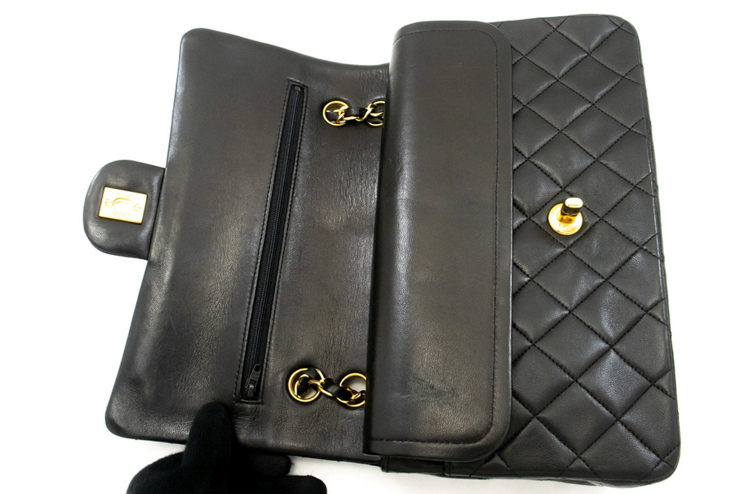 CHANEL Classic Double Flap 10" Chain Shoulder Bag Black Lambskin ak7 hannari-shop