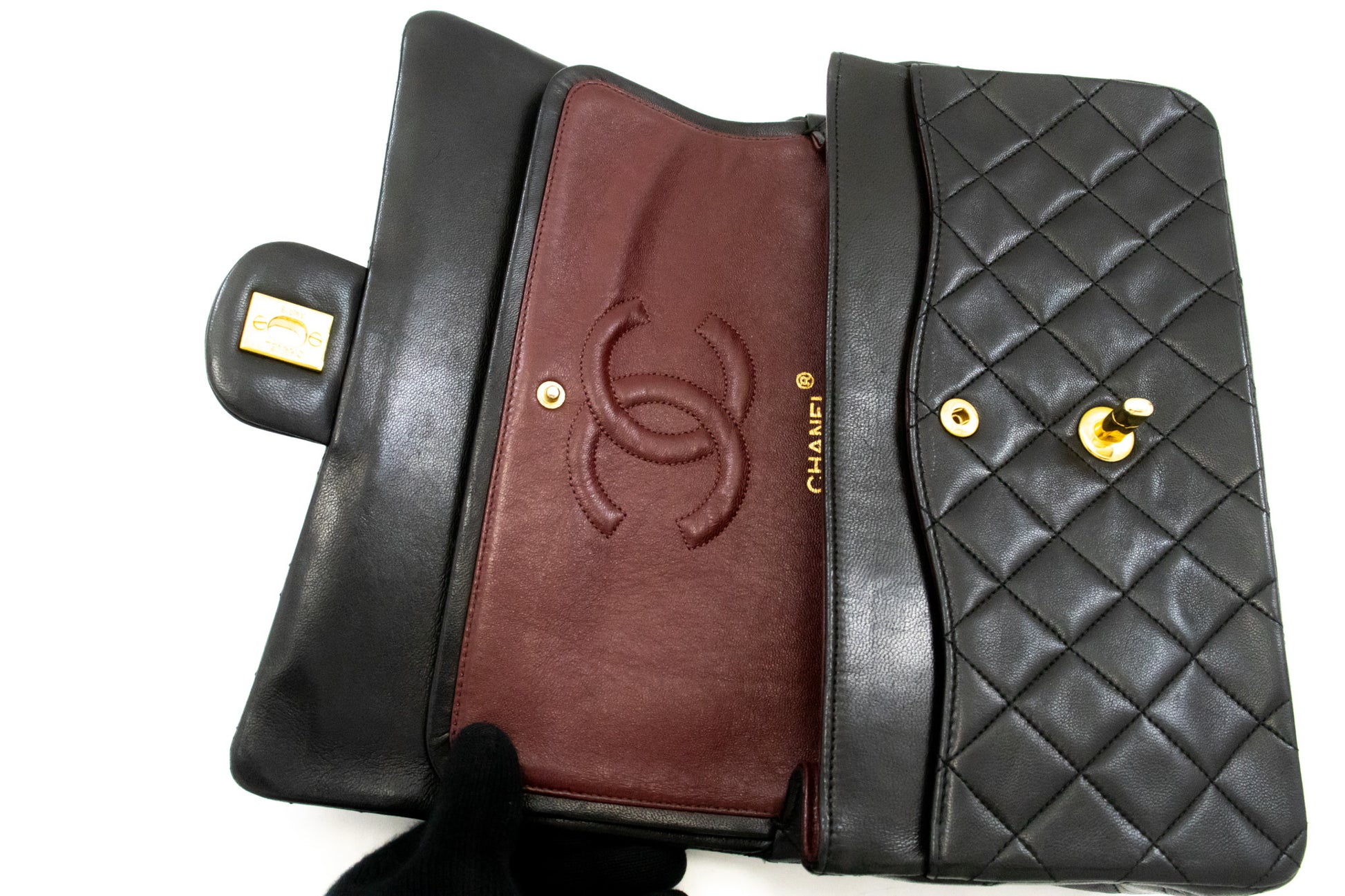 CHANEL Classic Double Flap 10" Chain Shoulder Bag Black Lambskin ak7 hannari-shop