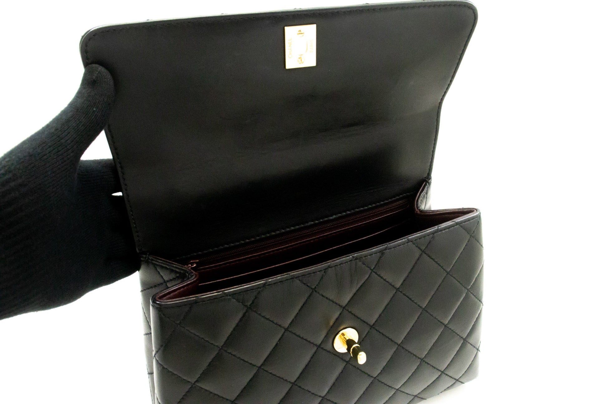 CHANEL Lamskin Handbag Top Handle Small Bag Kelly Black Flap an2 hannari-shop