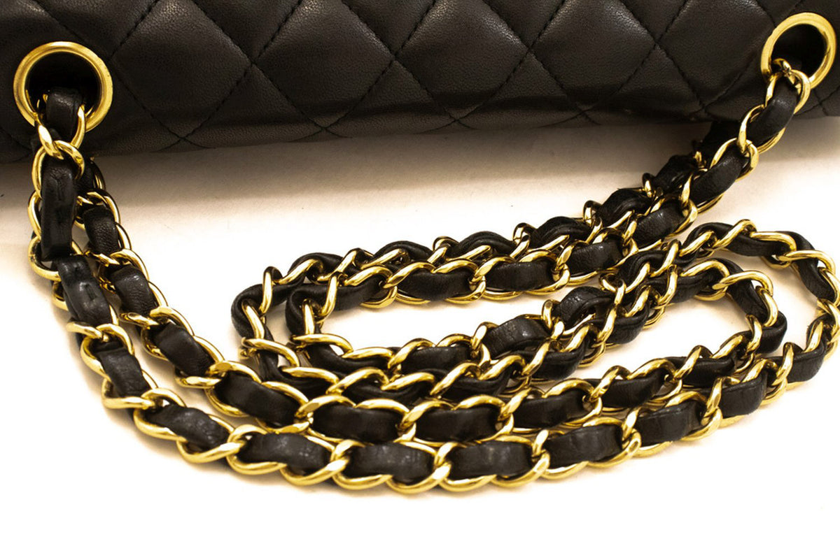 CHANEL Classic Double Flap 10" Chain Shoulder Bag Black Lambskin aq1 — flap open hannari-shop