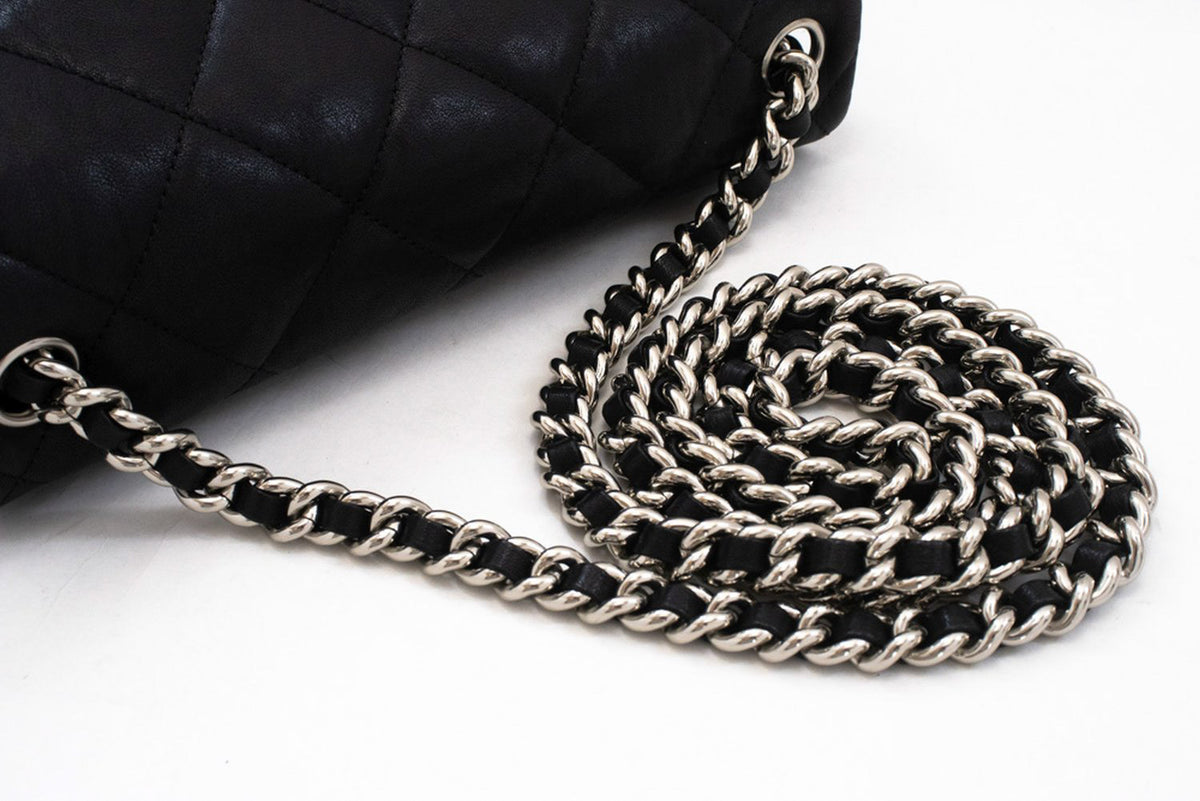 CHANEL Chain Around Shoulder Bag Crossbody Black Calfskin Leather ap9 — flap open hannari-shop