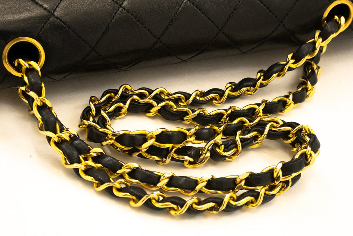CHANEL Classic Double Flap 10" Chain Shoulder Bag Black Lambskin ao6 — flap open hannari-shop