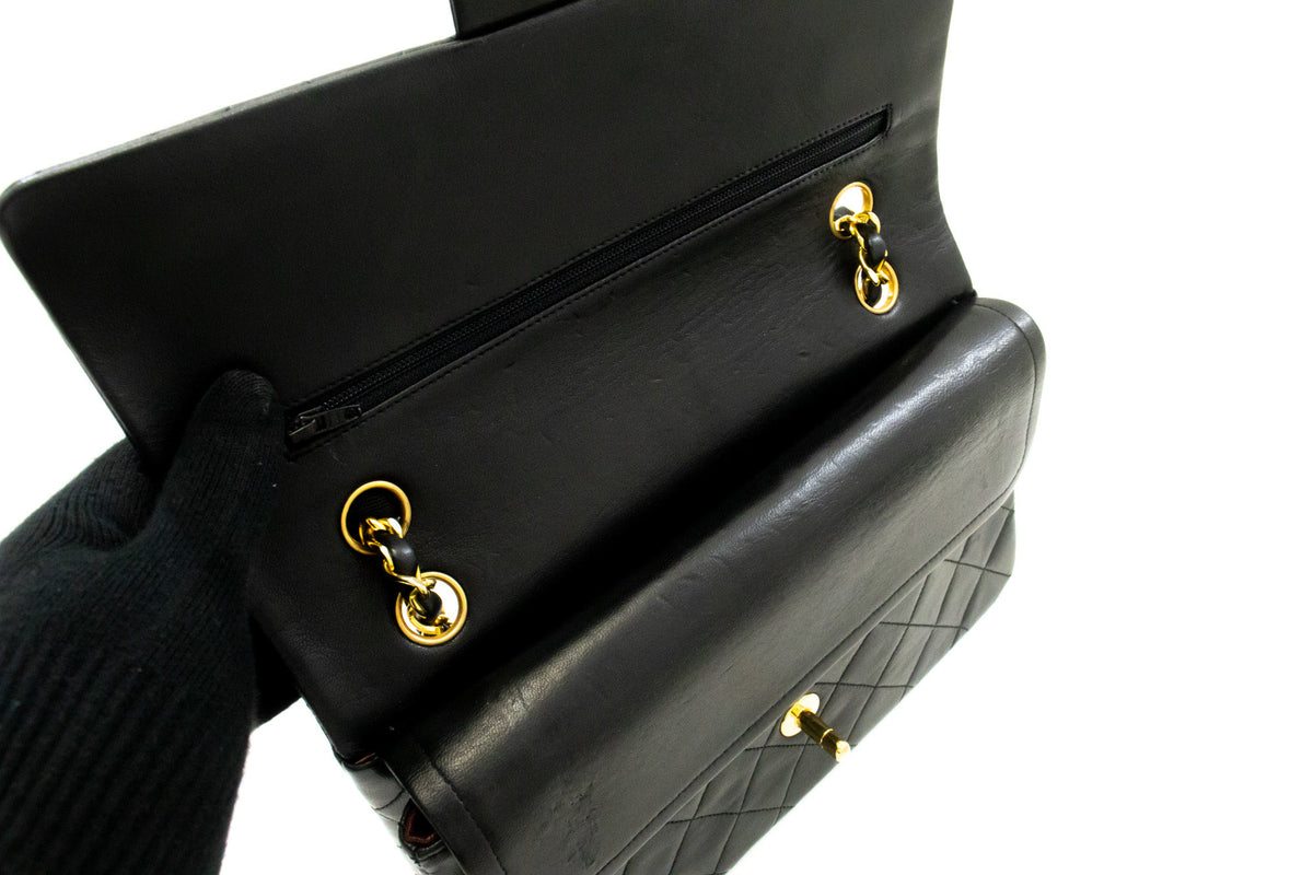 CHANEL Classic Double Flap 10" Chain Shoulder Bag Black Lambskin ao6 hannari-shop